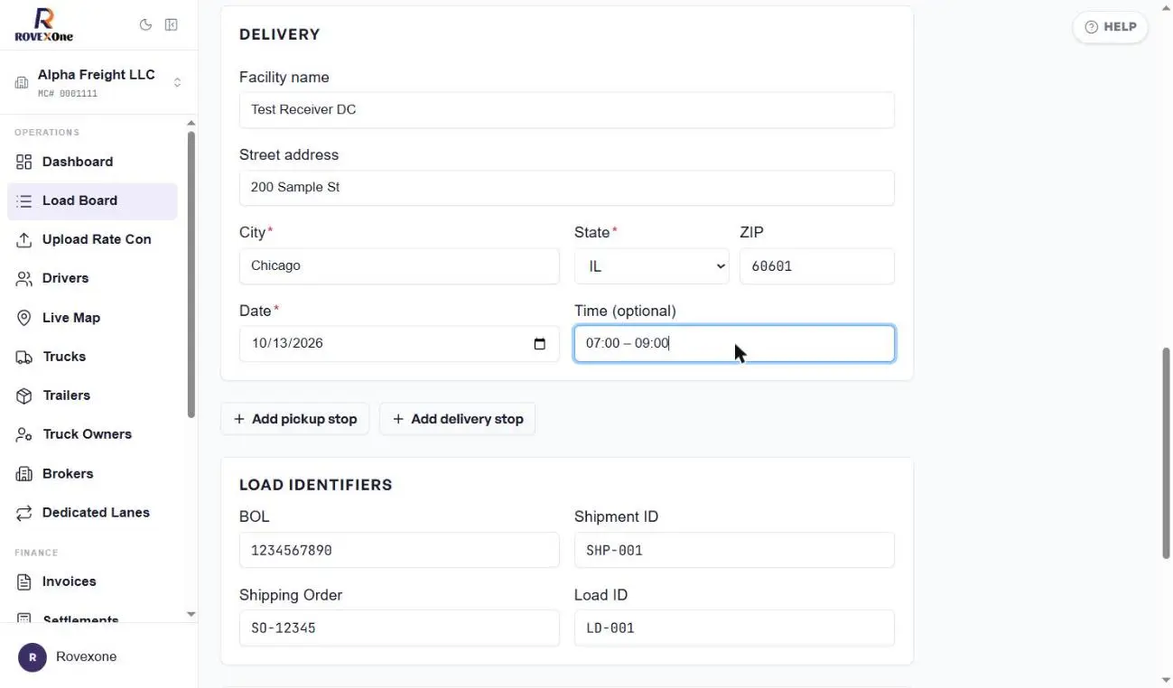 Delivery section filled in with Add stop buttons below
