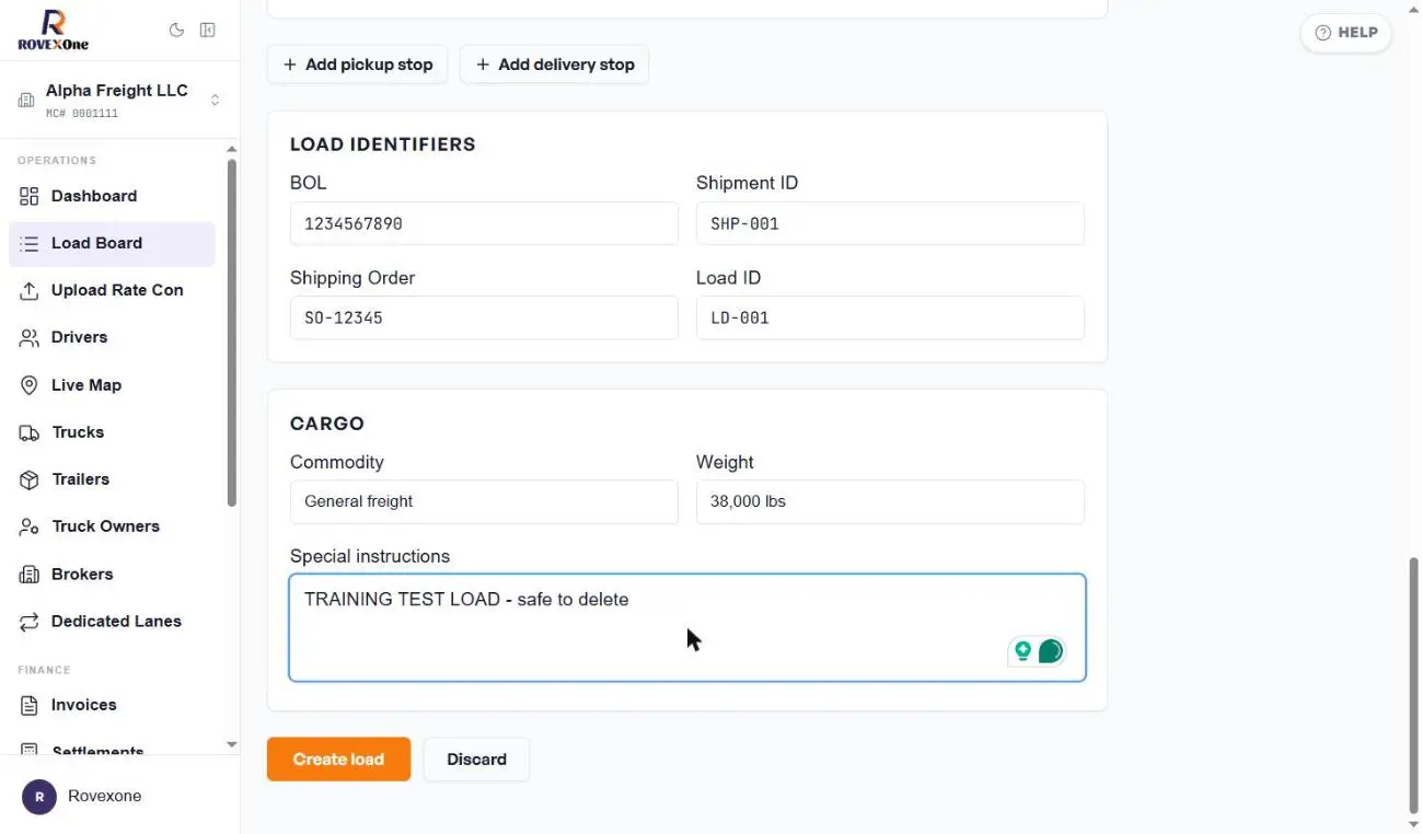 Load identifiers and cargo sections with the Create load button