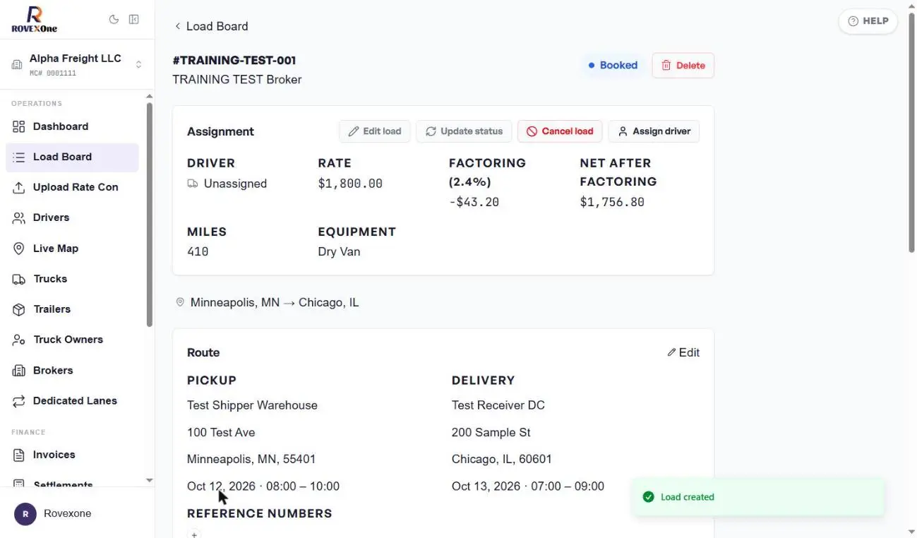 New load page showing Booked status, rate, factoring and route