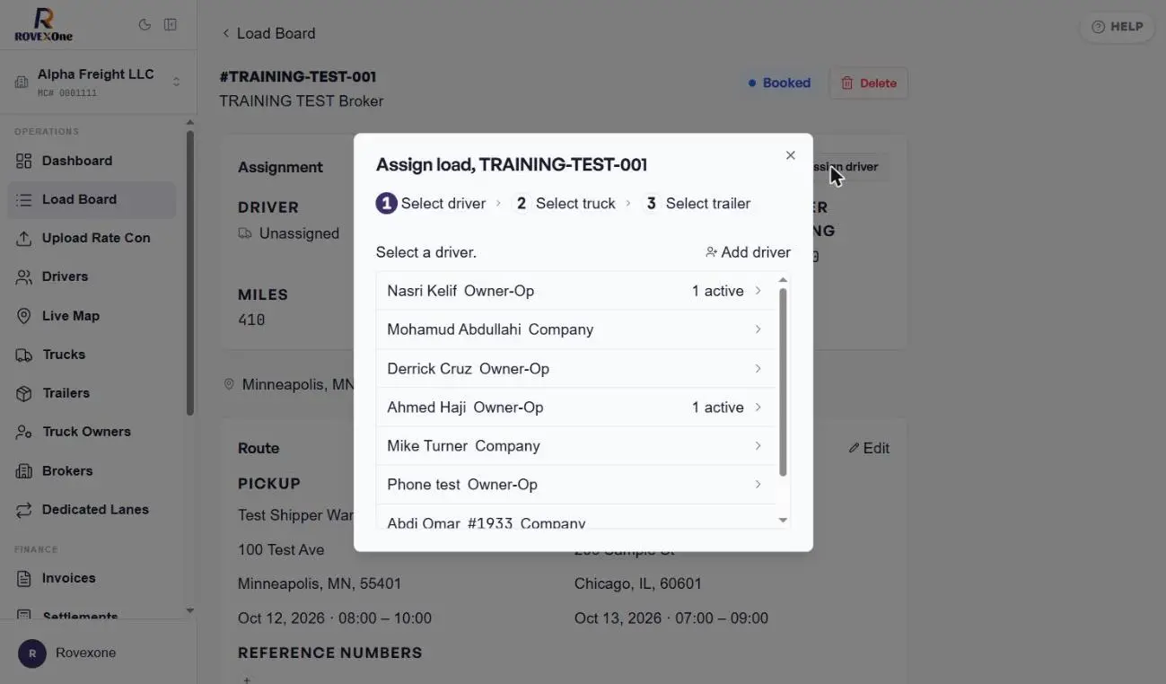 Assign load dialog listing drivers