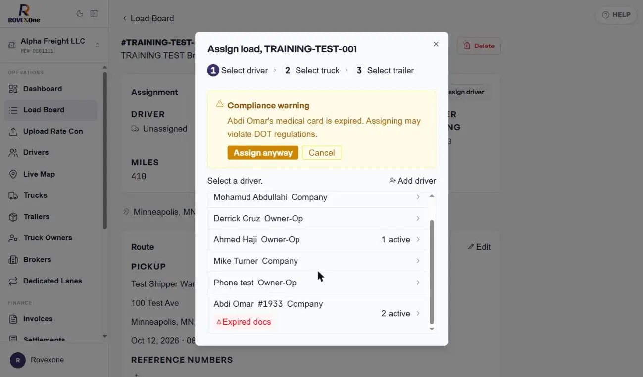 Compliance warning about an expired medical card with Assign anyway and Cancel buttons