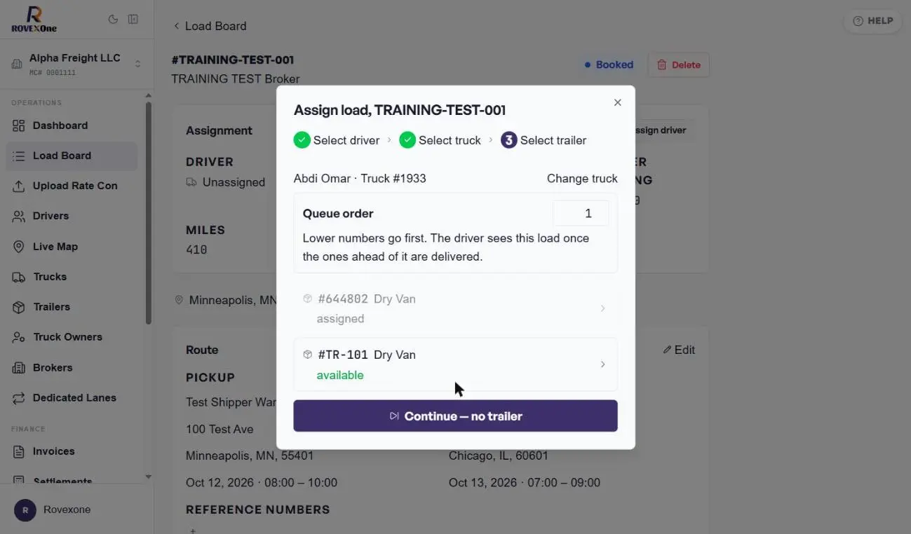 Truck, queue order and trailer selection
