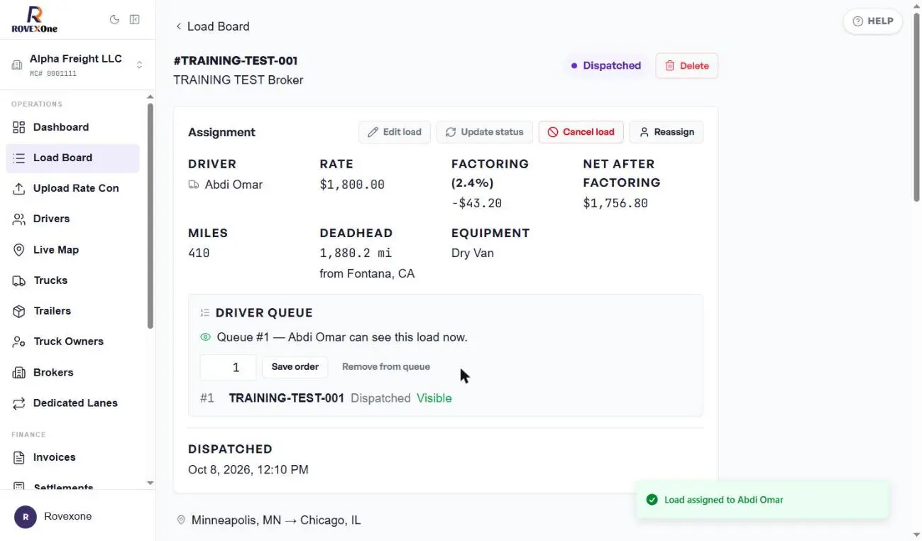 Load page showing Dispatched status, driver, deadhead and driver queue