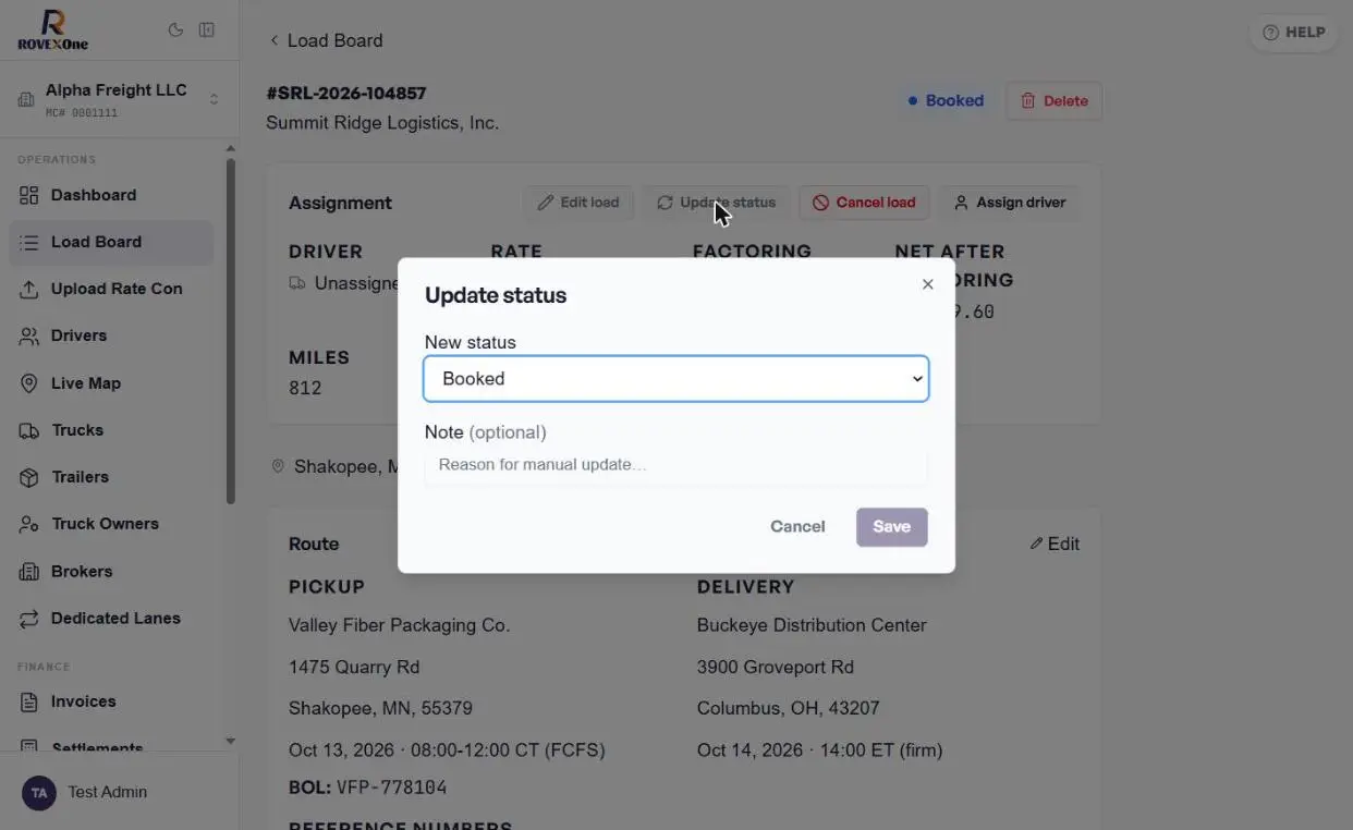 Update status dialog with New status dropdown and optional note
