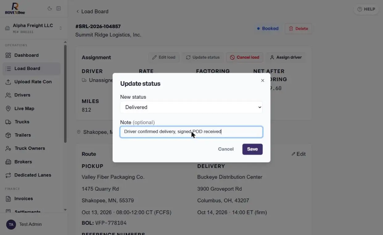 Update status dialog with Delivered selected and a note typed