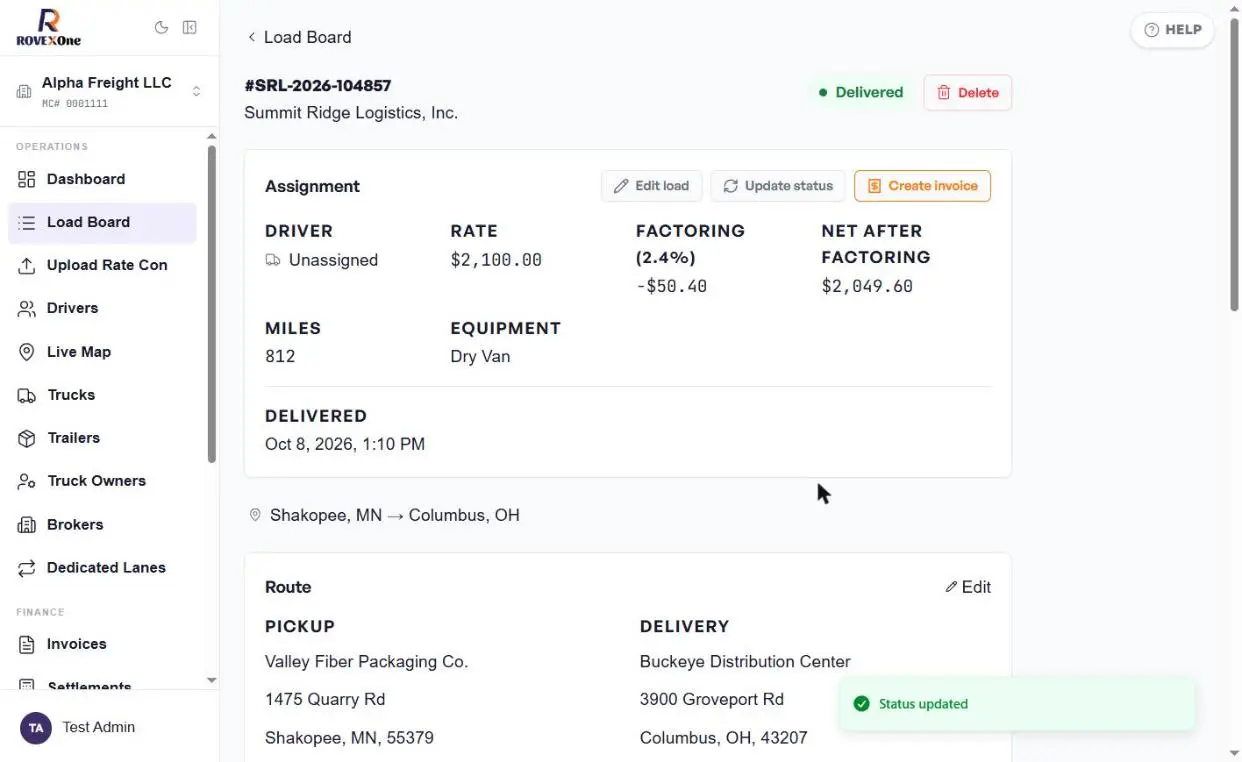 Load showing Delivered status, delivered timestamp and Create invoice button