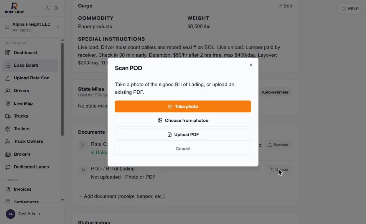 Scan POD dialog with Take photo, Choose from photos and Upload PDF