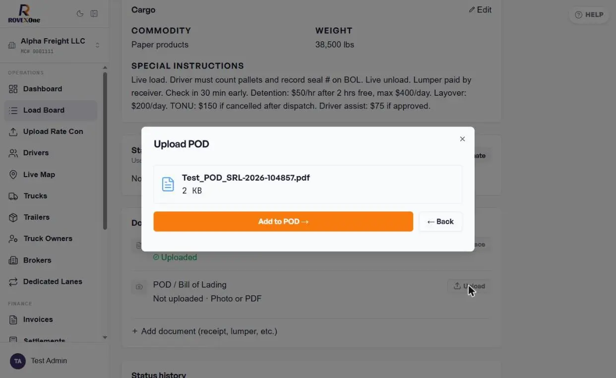 Upload POD dialog showing the selected PDF and Add to POD button