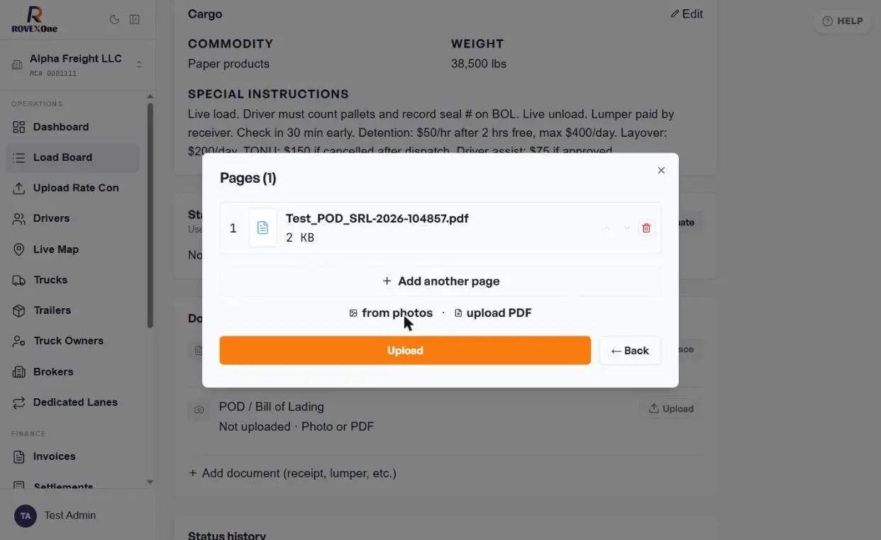 POD pages list with Add another page and Upload button
