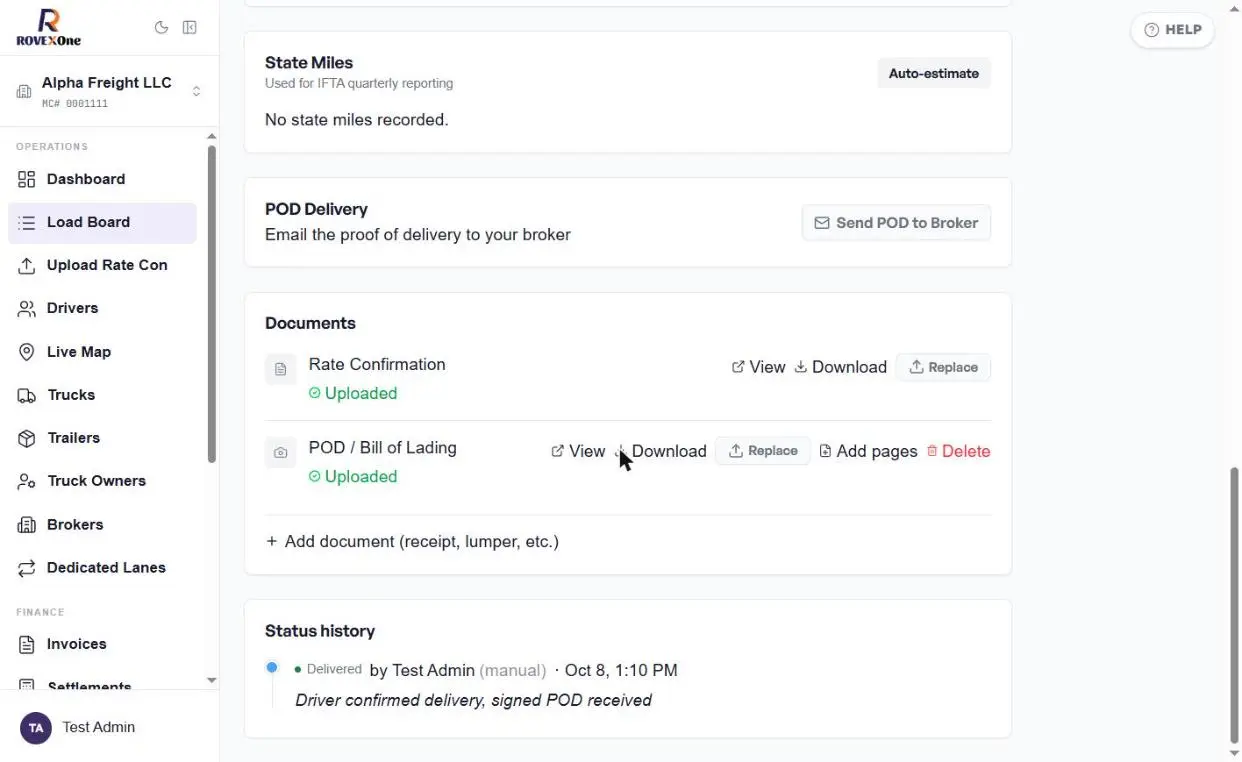 Documents with POD uploaded, Send POD to Broker card and status history