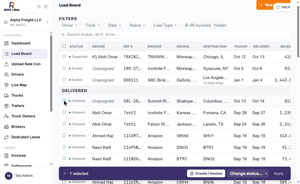 Delivered load selected with the Create 1 Invoice bar at the bottom