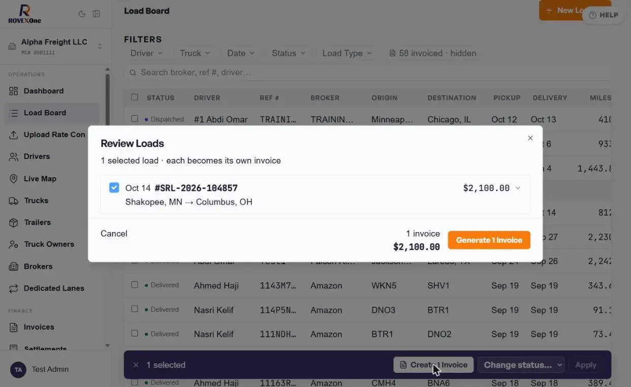 Review Loads window showing one load and the invoice total