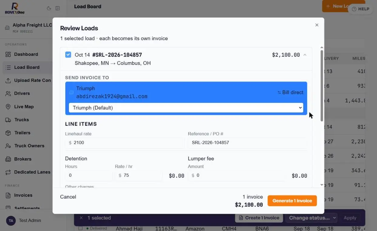 Invoice details with Send invoice to, linehaul, reference, detention and lumper fields