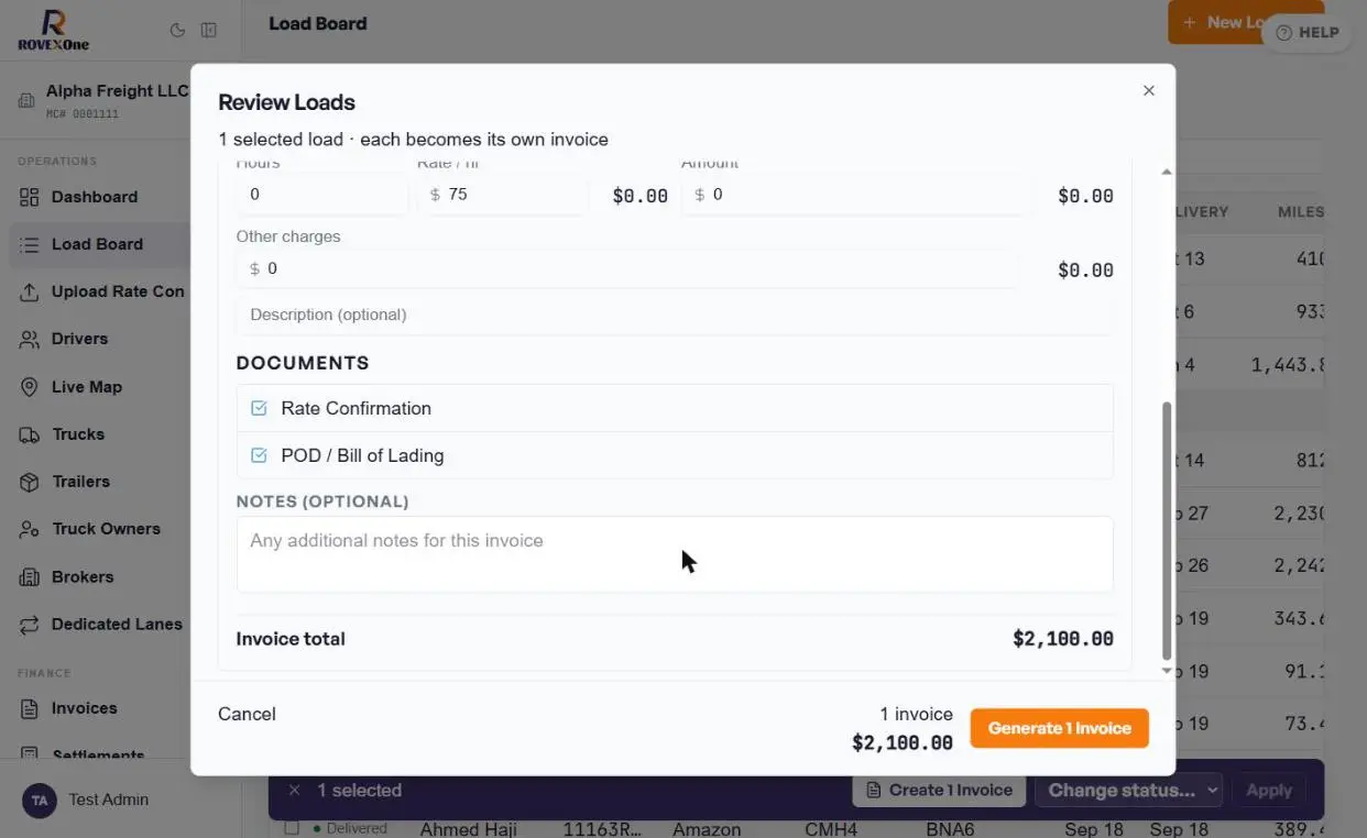 Documents checklist, notes and invoice total with Generate 1 Invoice button