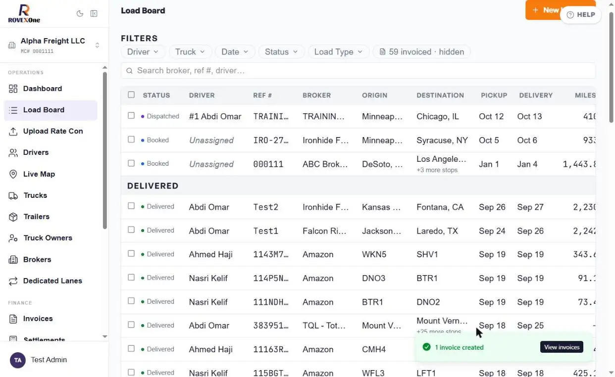 Load Board after invoicing with the 1 invoice created message and View invoices button