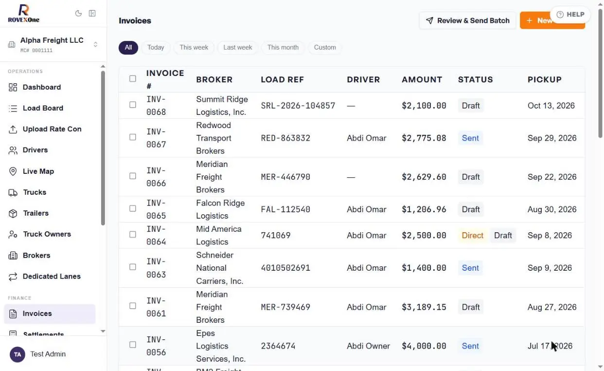 Invoices list with the new invoice in Draft status