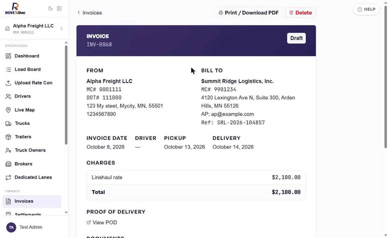 Draft invoice showing From, Bill To, dates and charges