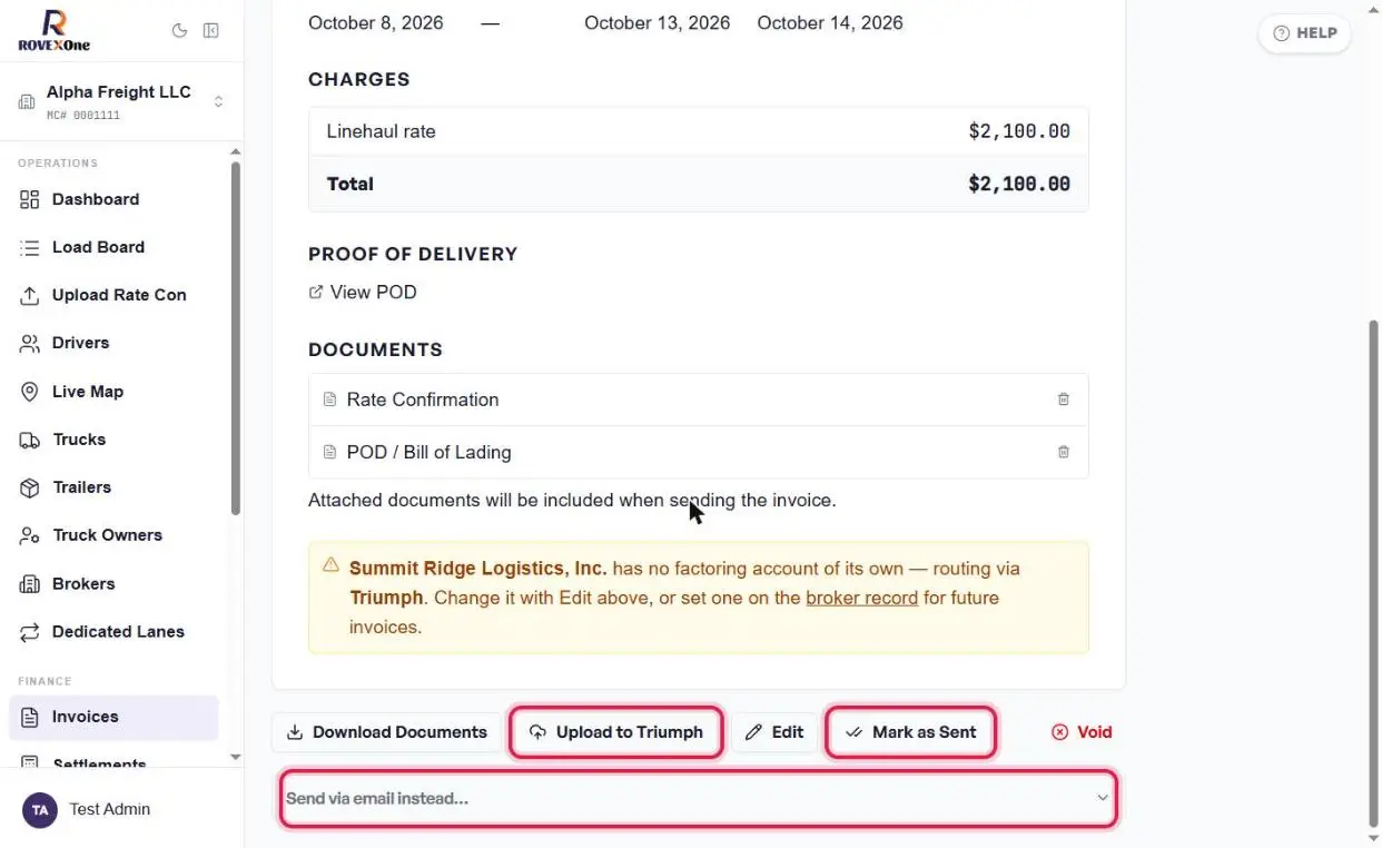 Bottom of the invoice with Upload to Triumph, Mark as Sent and Send via email instead outlined