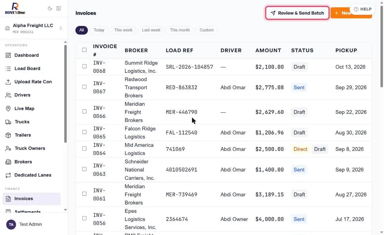 Invoices page with the Review and Send Batch button outlined