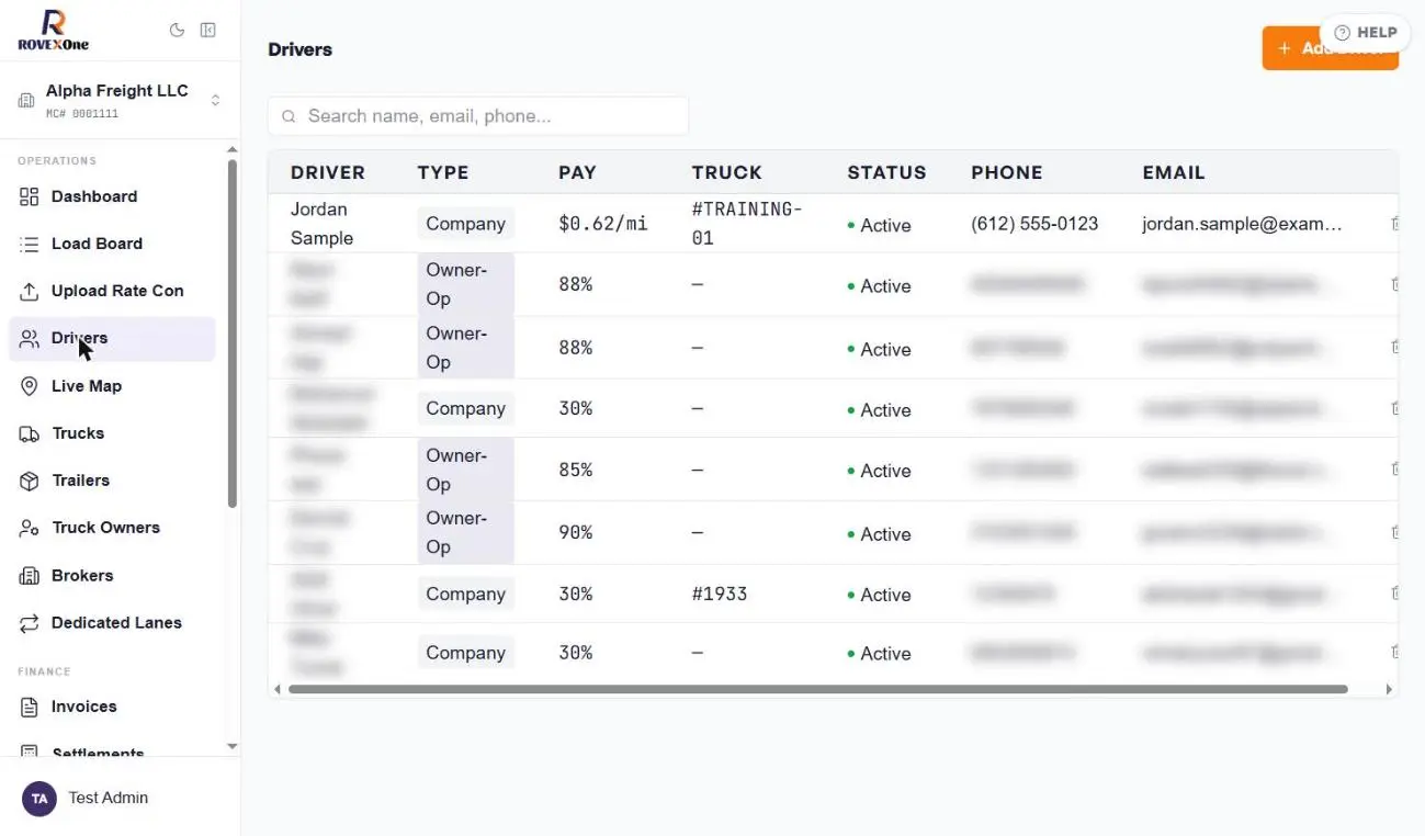 Drivers list with other drivers' details blurred and Add Driver button
