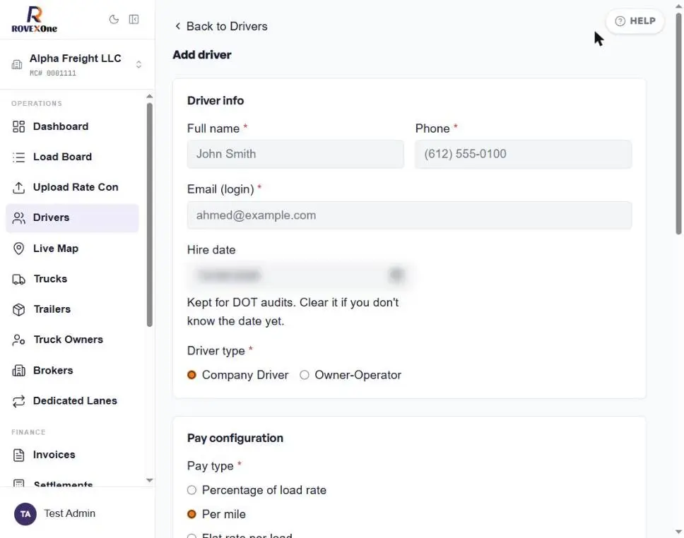 Add driver form showing full name, phone, email, hire date and driver type