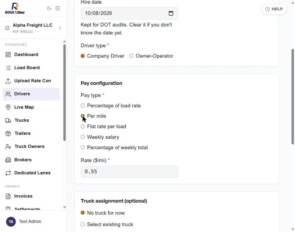 Driver type and pay configuration with Per mile selected