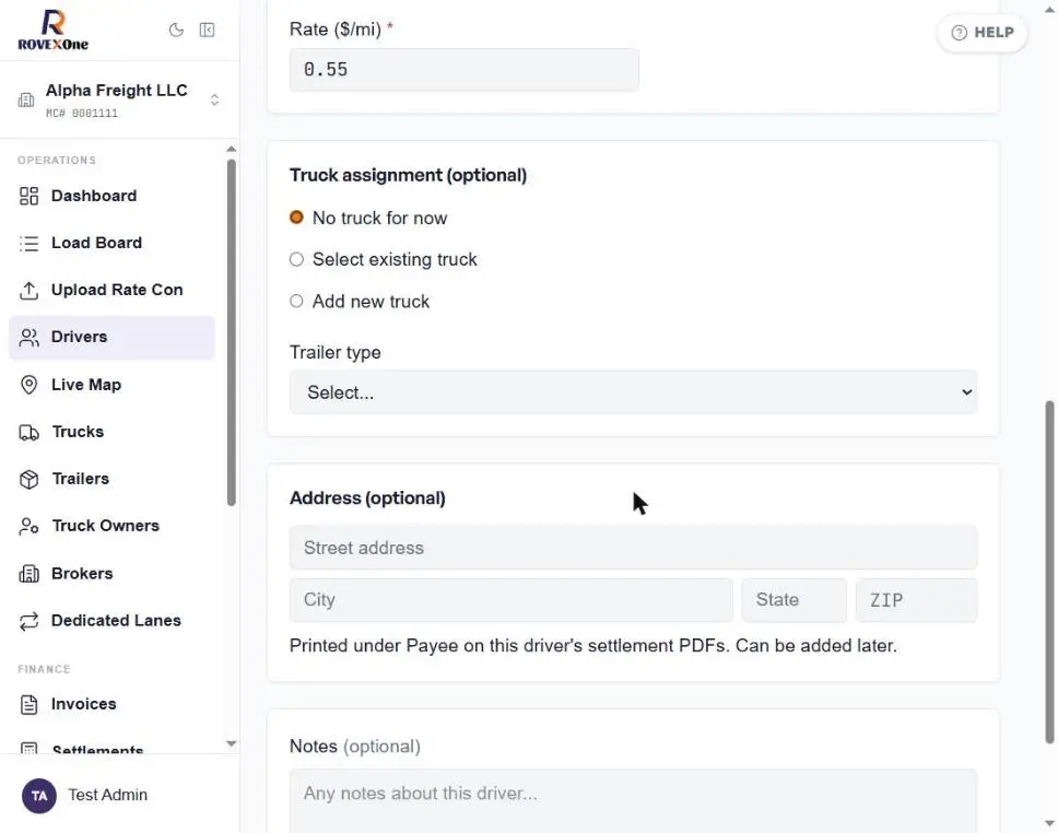 Truck assignment options: no truck, existing truck or add new truck