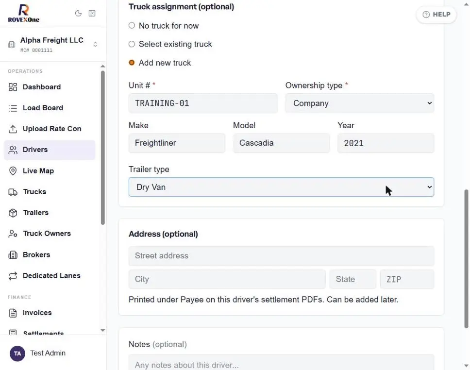 New truck fields: unit number, ownership, make, model, year and trailer type