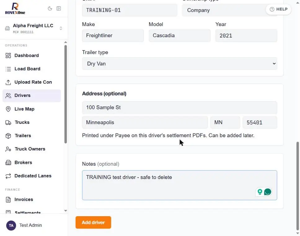 Address and notes fields with the Add driver button