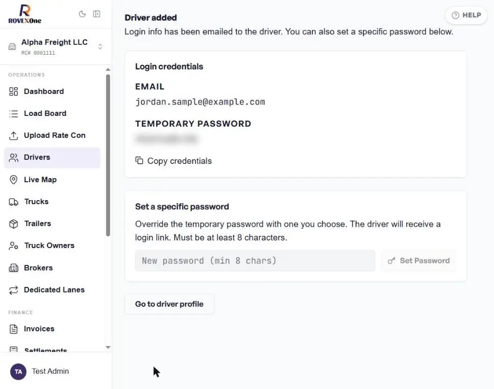 Driver added confirmation with the login email and a blurred temporary password