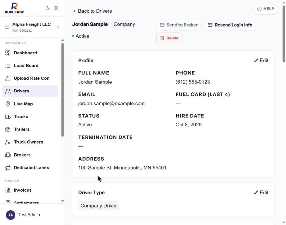 Driver profile header and profile card