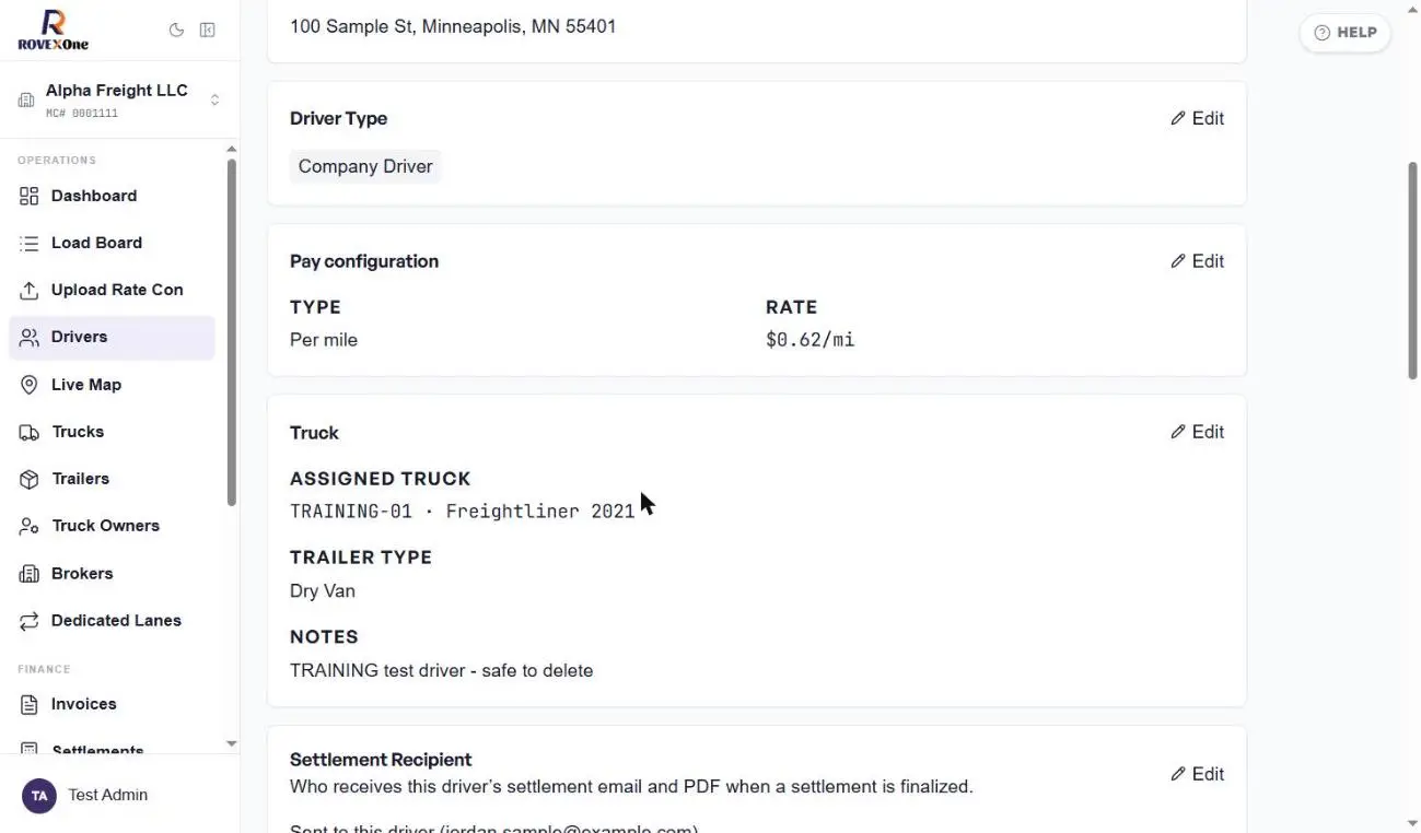Driver type, pay configuration and truck cards