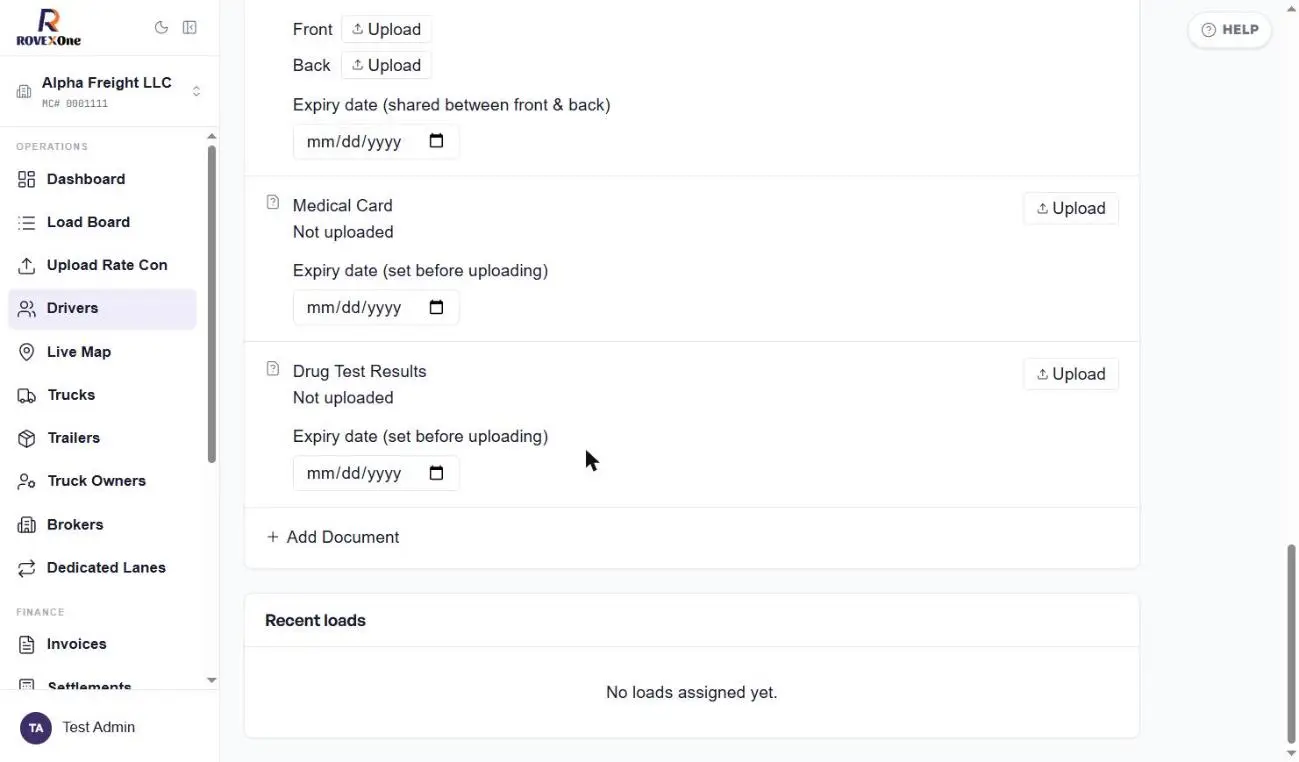 Medical card, drug test results, add document and recent loads