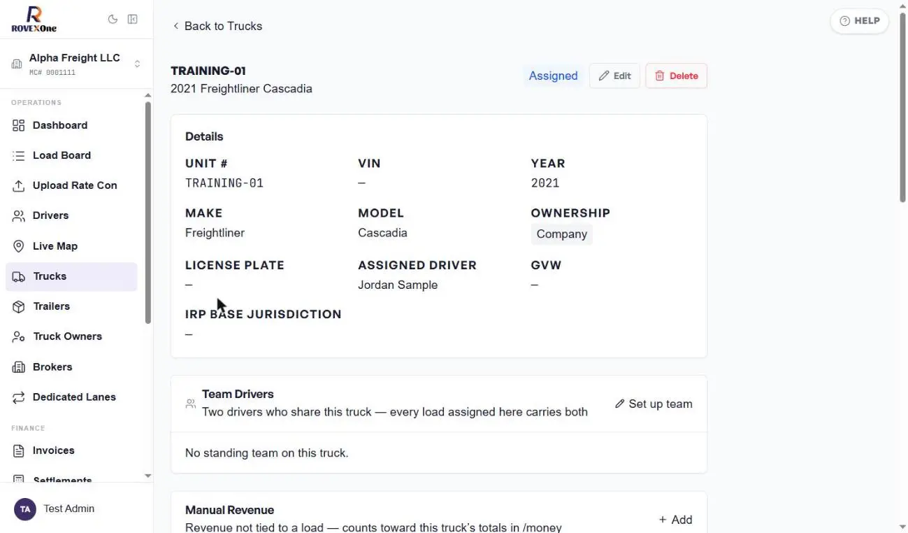 Truck page showing details and team drivers