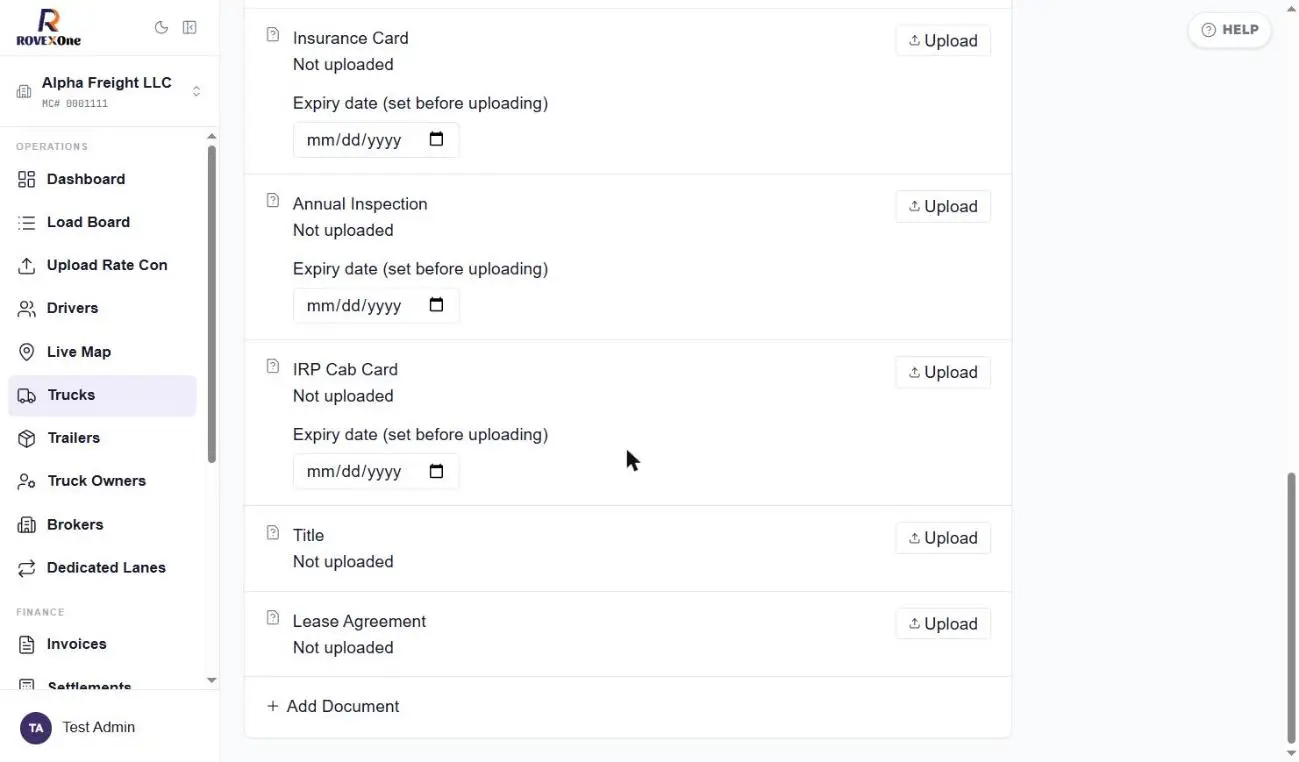 Truck compliance documents list with upload buttons