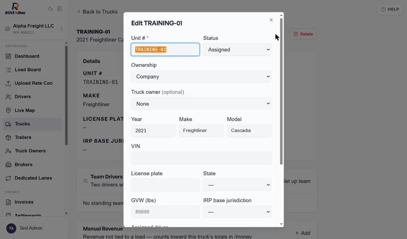 Edit truck form top: unit, status, ownership, truck owner, year, make, model, VIN