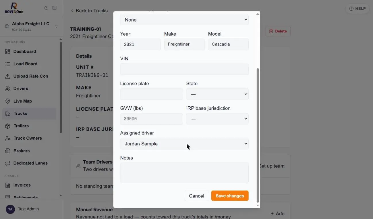 Edit truck form bottom: plate, state, GVW, IRP, assigned driver, notes and Save changes