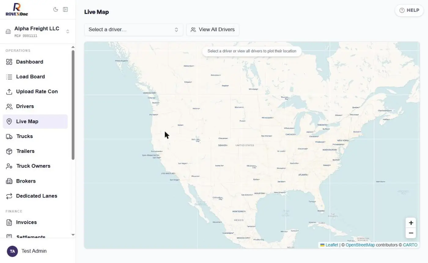 Empty live map with driver selector and View All Drivers button