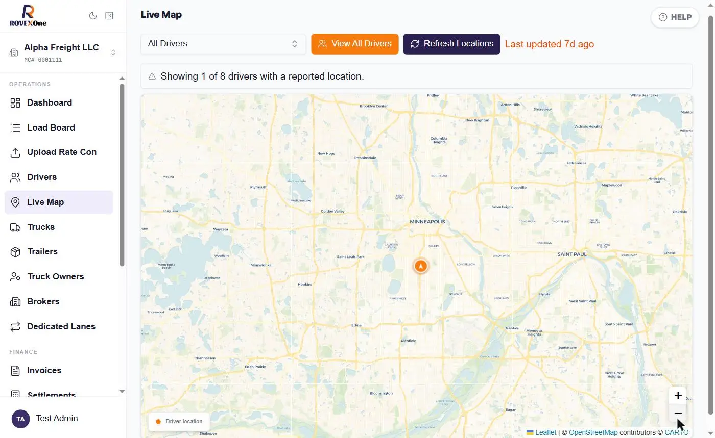 All drivers view with one driver marker, location banner and Refresh Locations