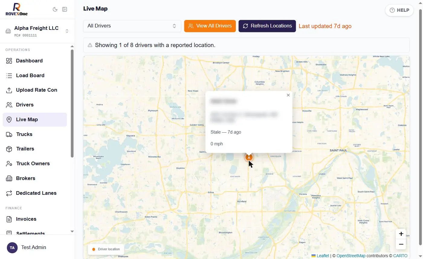 Marker popup with driver name and address blurred, showing stale time and speed