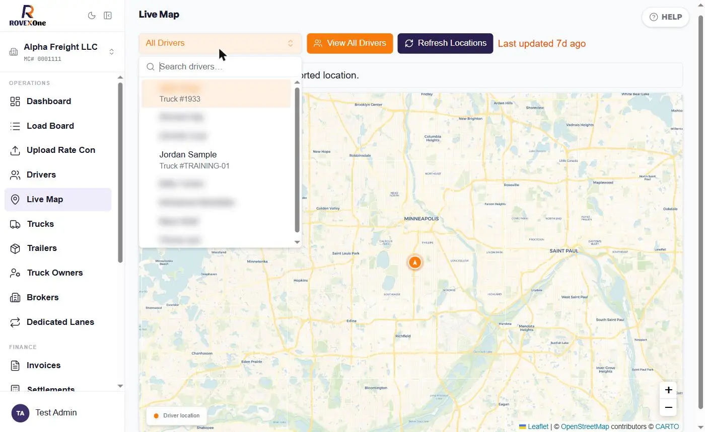 Driver selector open with search box and drivers listed with truck numbers