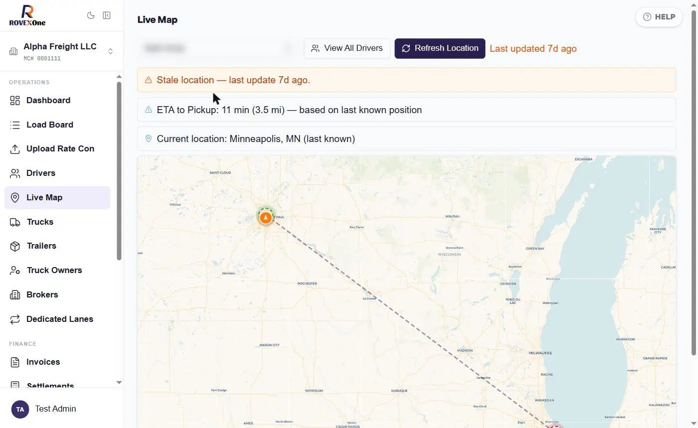 Single driver view with stale warning, ETA, current location and route from Minneapolis to Chicago