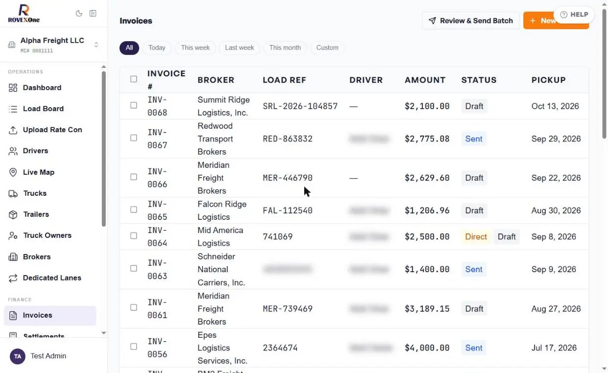 Invoices list with date filters, statuses and the Review and Send Batch button