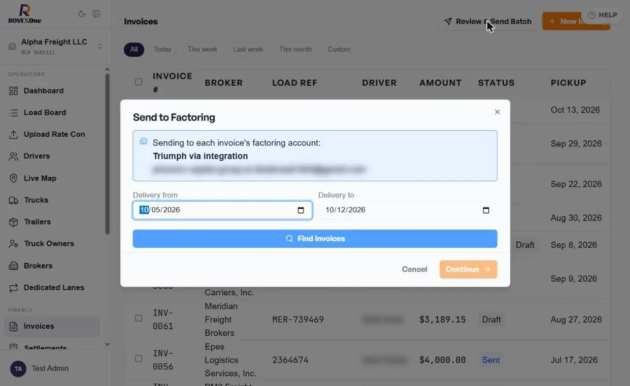 Send to Factoring window with factoring account and delivery date range