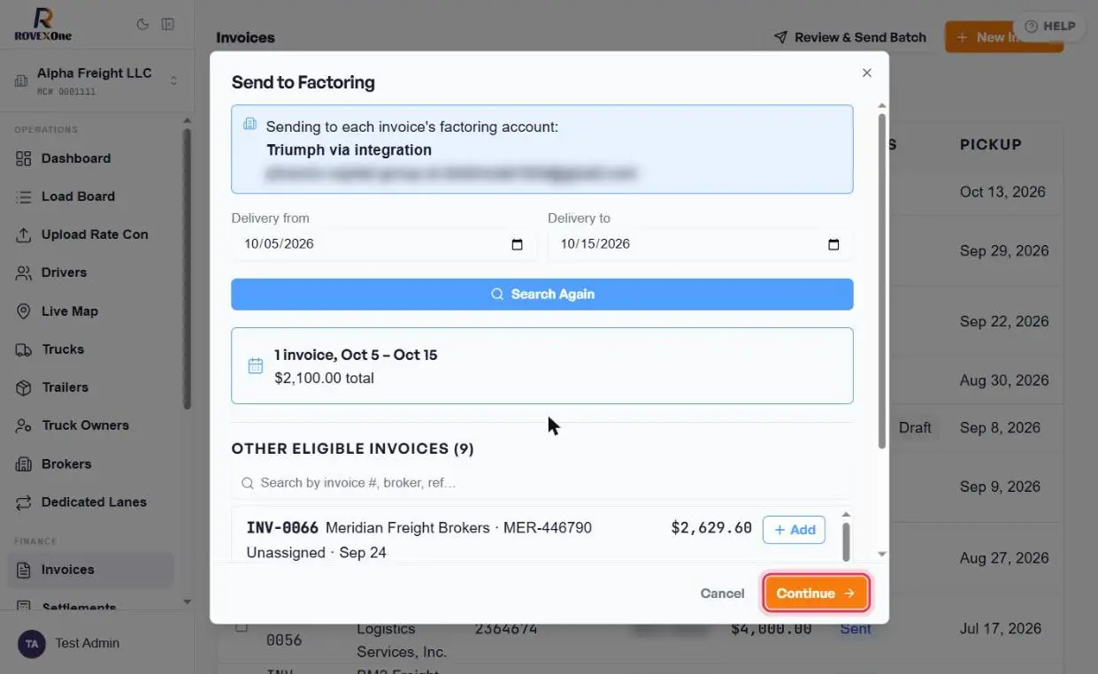 Batch summary showing one invoice and other eligible invoices, with Continue outlined