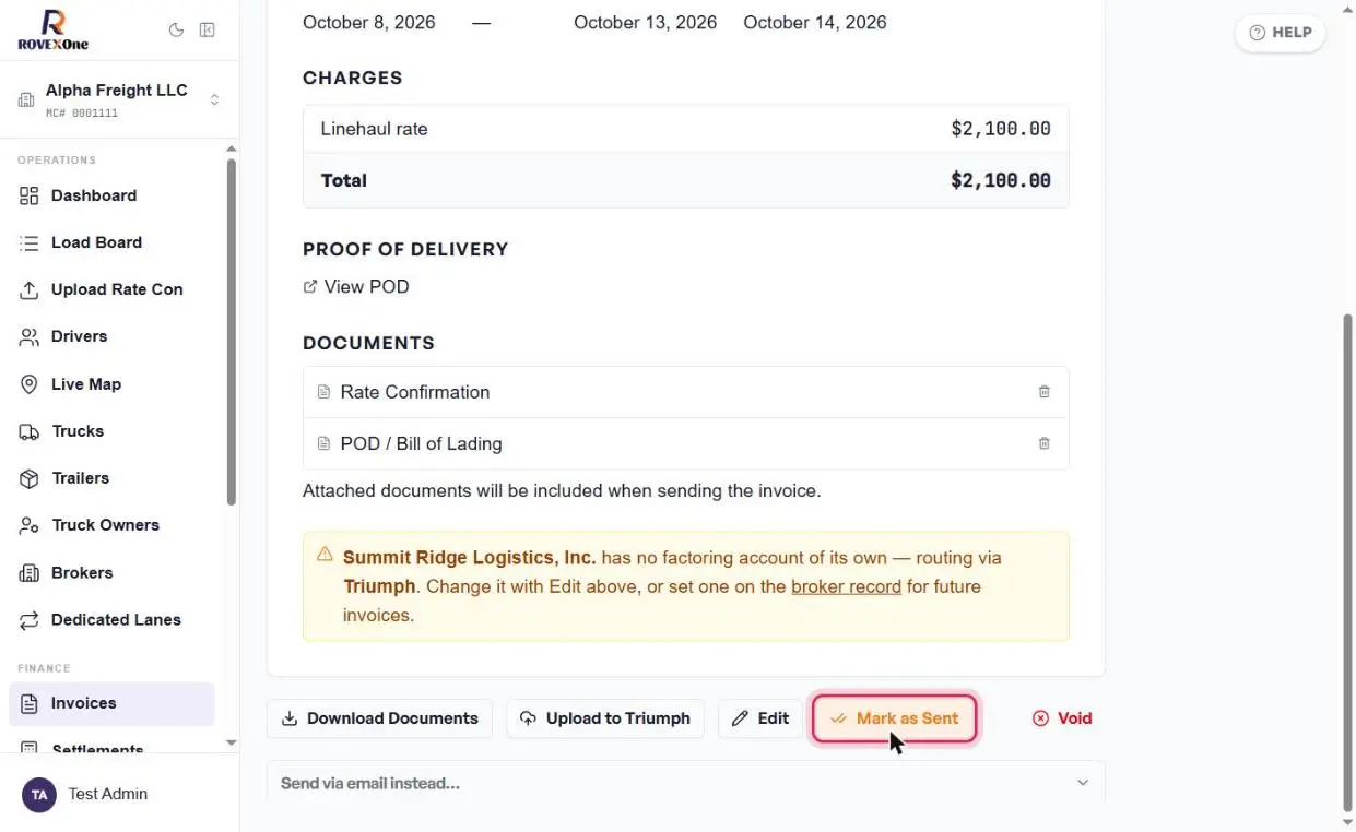 Invoice actions with Mark as Sent outlined
