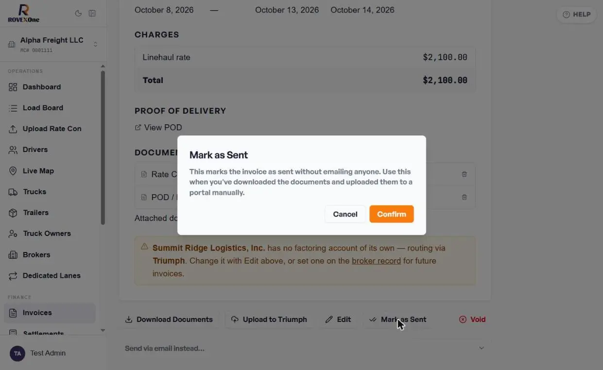 Mark as Sent confirmation saying no email will be sent