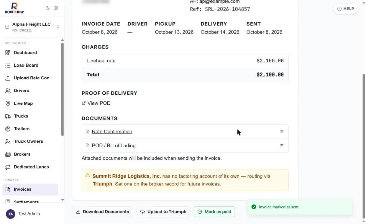 Sent invoice with the Mark as paid button