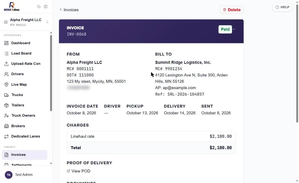 Invoice header showing Paid status