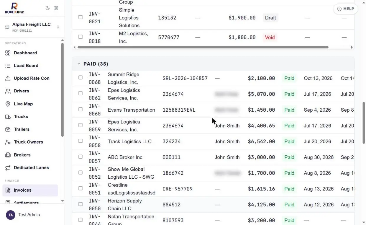 Paid section expanded at the bottom of the invoices list